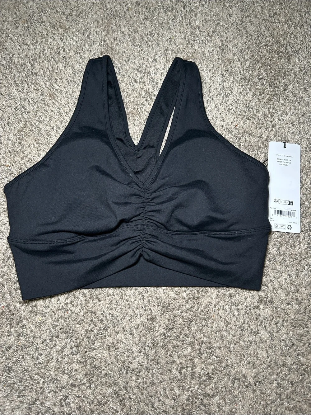 ALO Yoga Black Wild Thing Ruched Front V-Back Sports Bra, Size Large